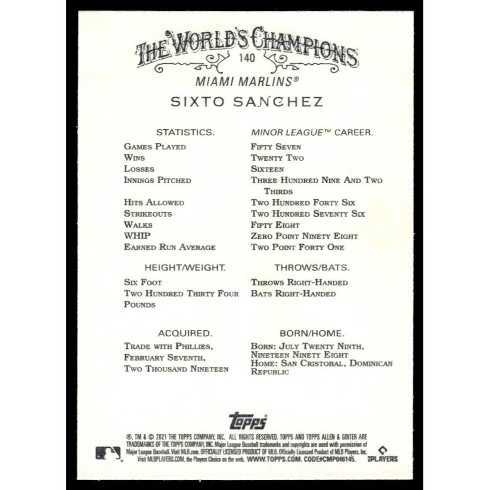 2021 Topps Allen & Ginter Sixto Sanchez RC Miami Marlins #140 - Picture 2 of 2